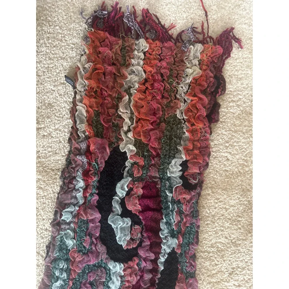 Handmade Ruffle Knit Scarf Multi Color Textured Fringe Viscose Blend 82x13